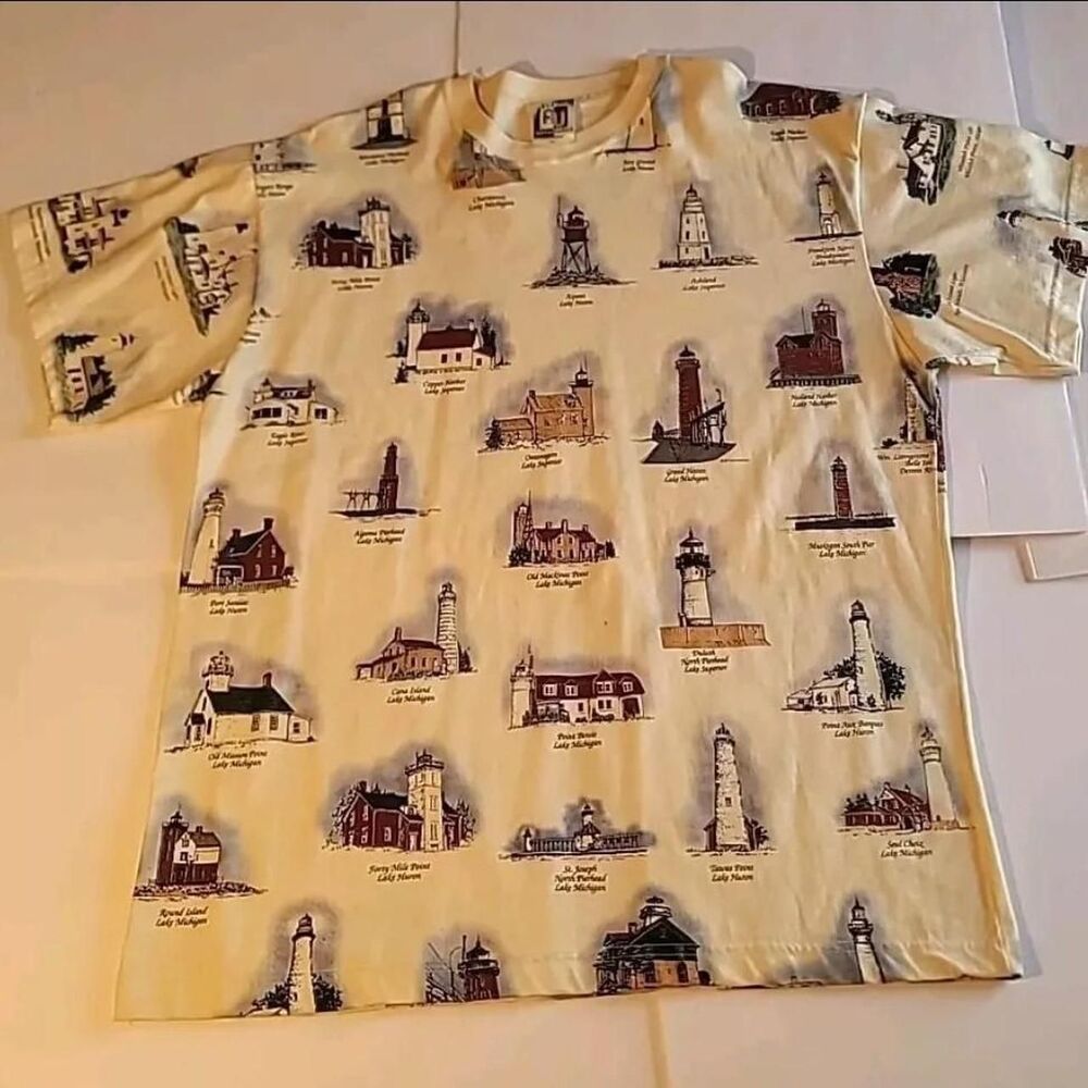 Vintage 90s Y2K Lighthouses of Michigan T-Shirt AOP Size Mens XL  Art Unlimited